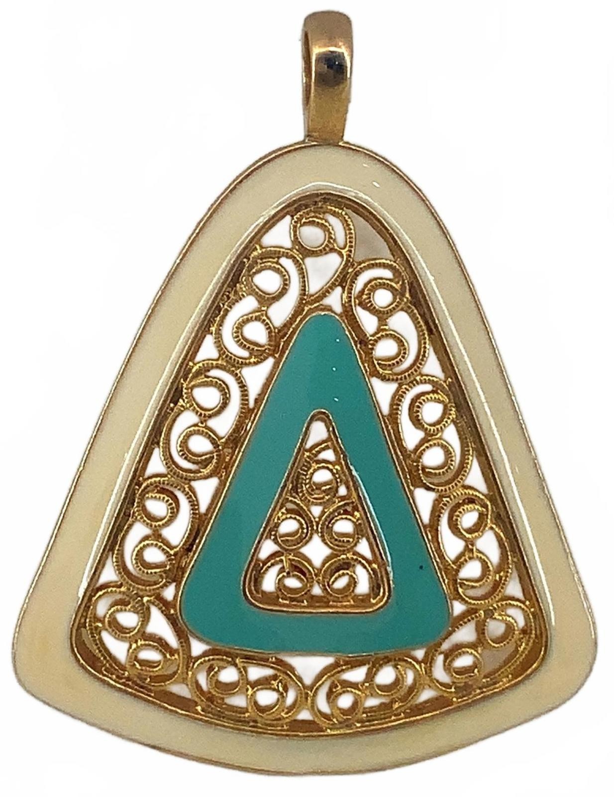 Vintage Gold Tone Enamel Art Deco Style Triangle Pendant Cream Teal Filigree