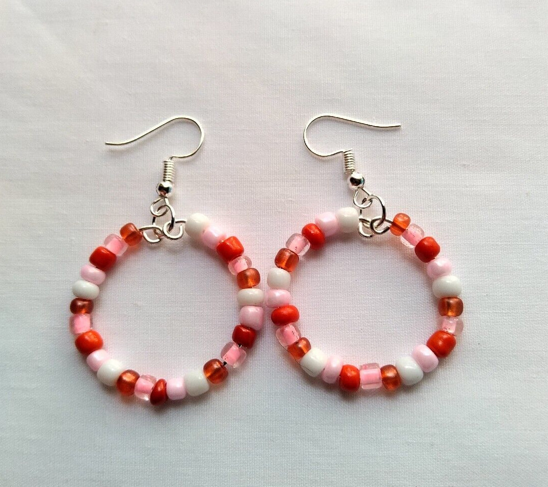 Pink Red White Glass Beaded Hoop Drop Earrings Silver Tone Handmade Boho Chic