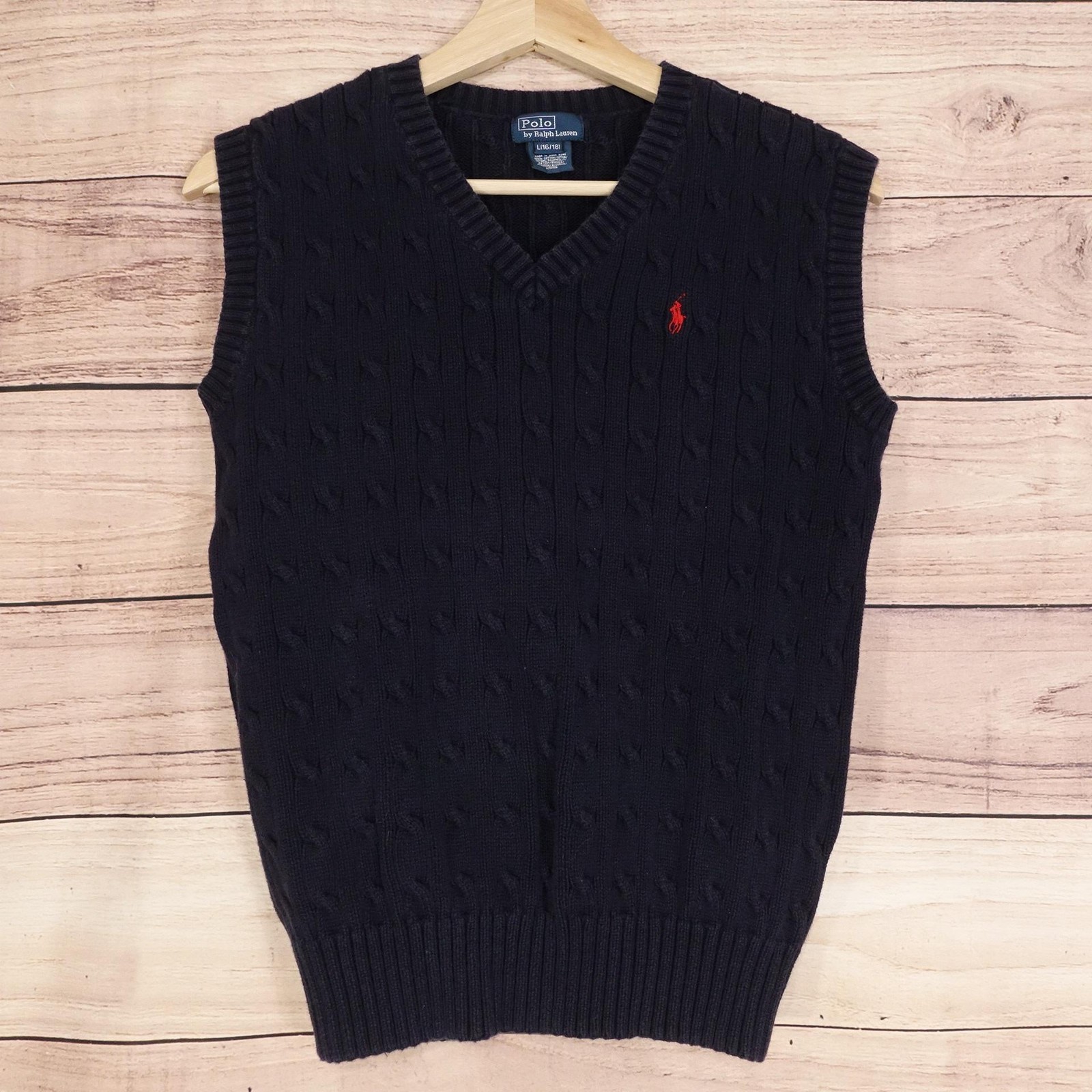Polo By Ralph Lauren Sweater Vest Boys L 16/18 Navy Cable Knit V-Neck Classic