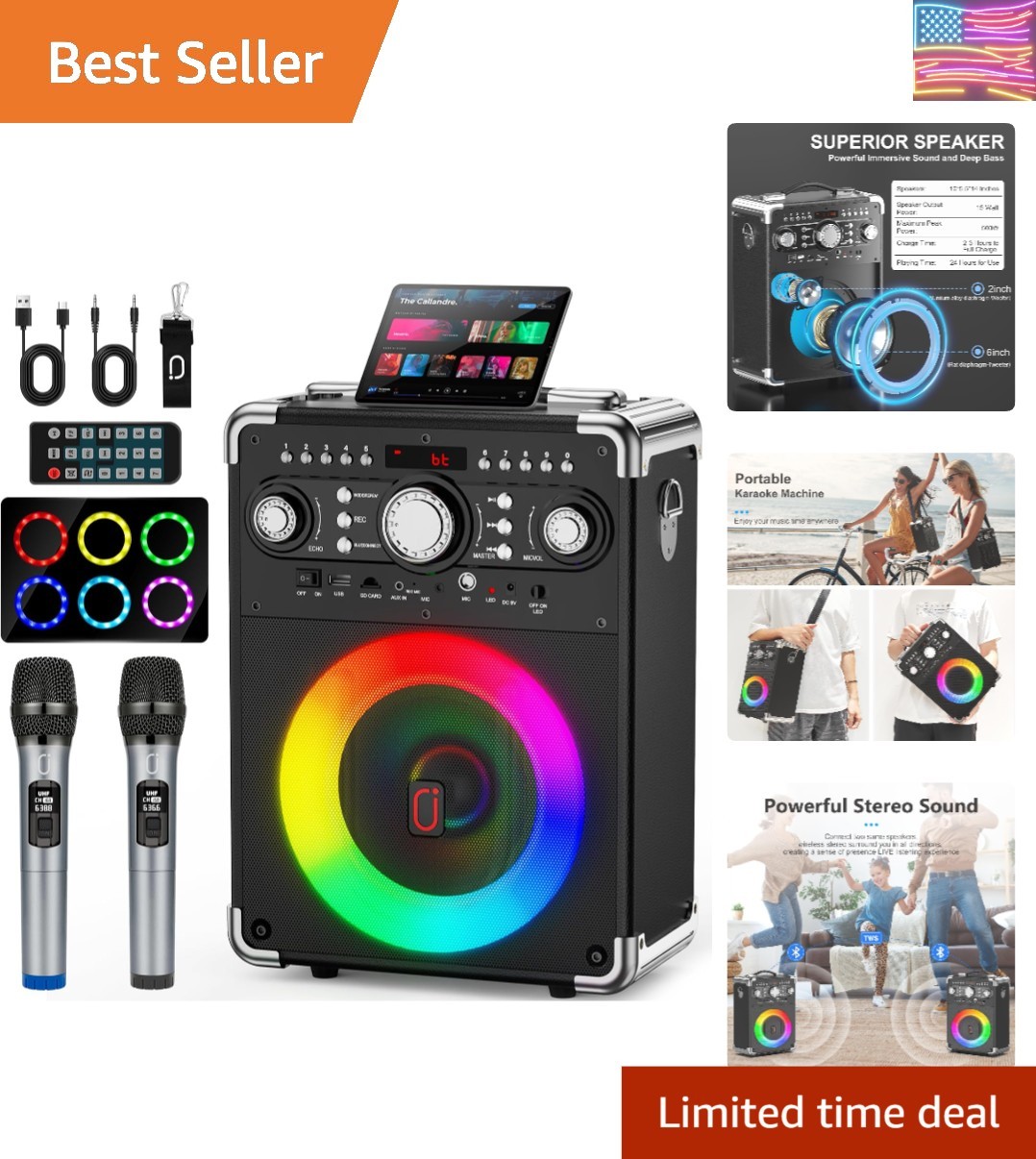 Karaoke Machine with 2 Wireless Microphones for Adults, Portable Bluetooth Pa...