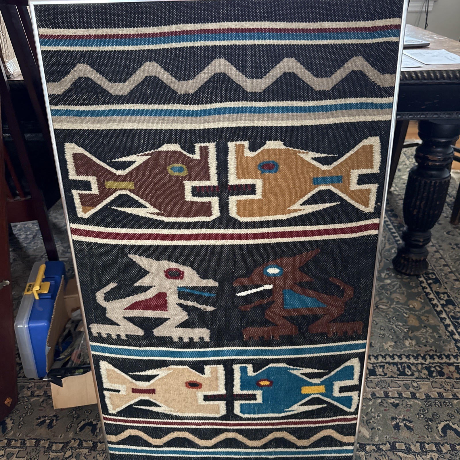 Vintage Peruvian Flat Woven Rug/22.25x38.25/wool Handmade Stylized Animals ￼