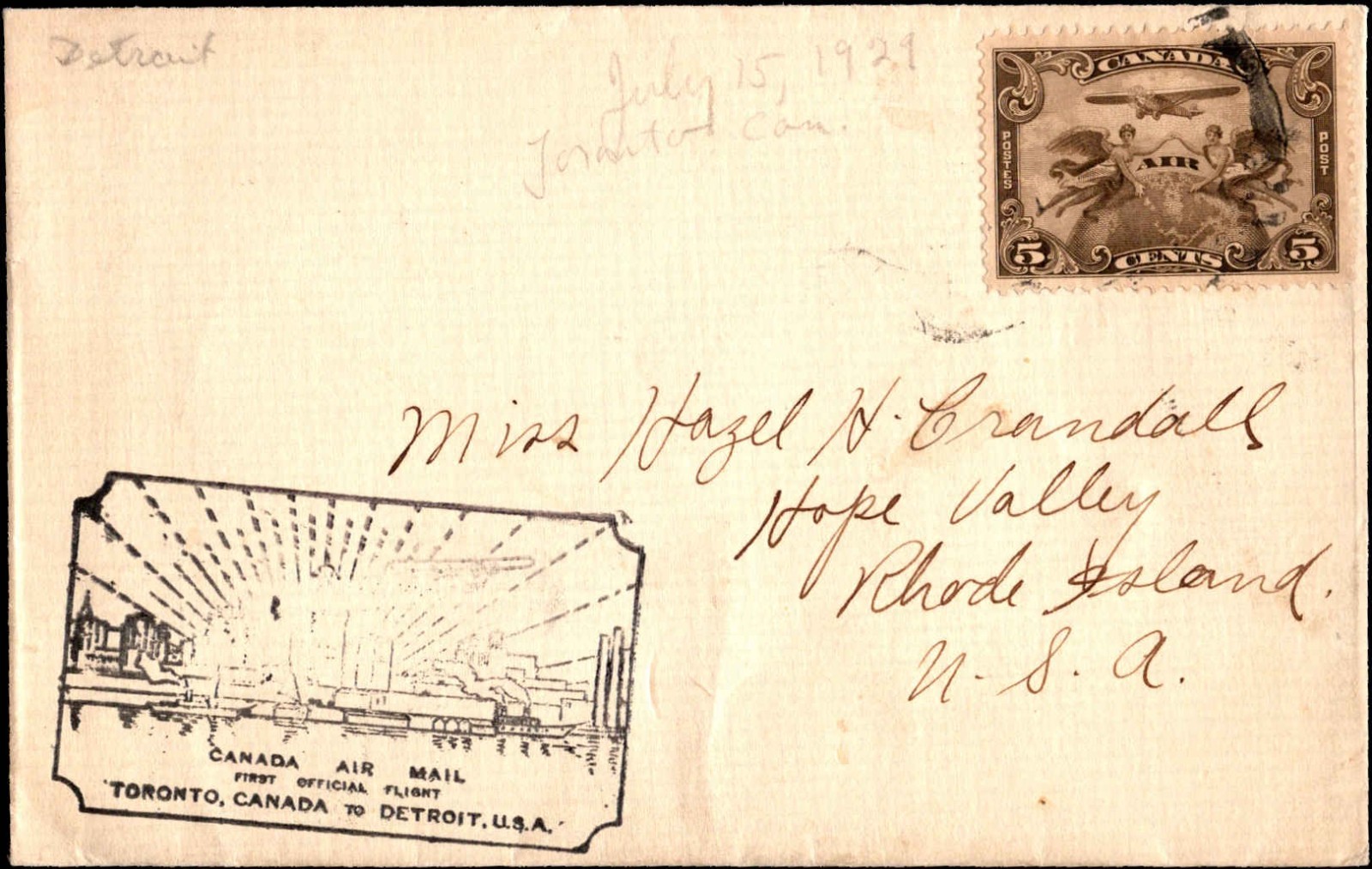 1931 Canada First Flight Cover Toronto Canada to Detroit USA Air Mail
