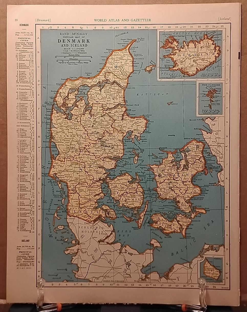 1940 Vintage DENMARK Map Antique Old from Collier's World Atlas & Gazetteer