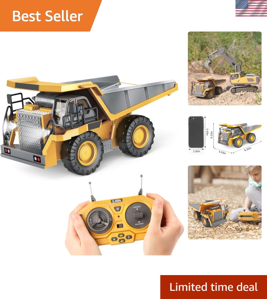 Kids' RC Dump Truck Toy - Remote Control Construction Truck with Metal Bed, L...