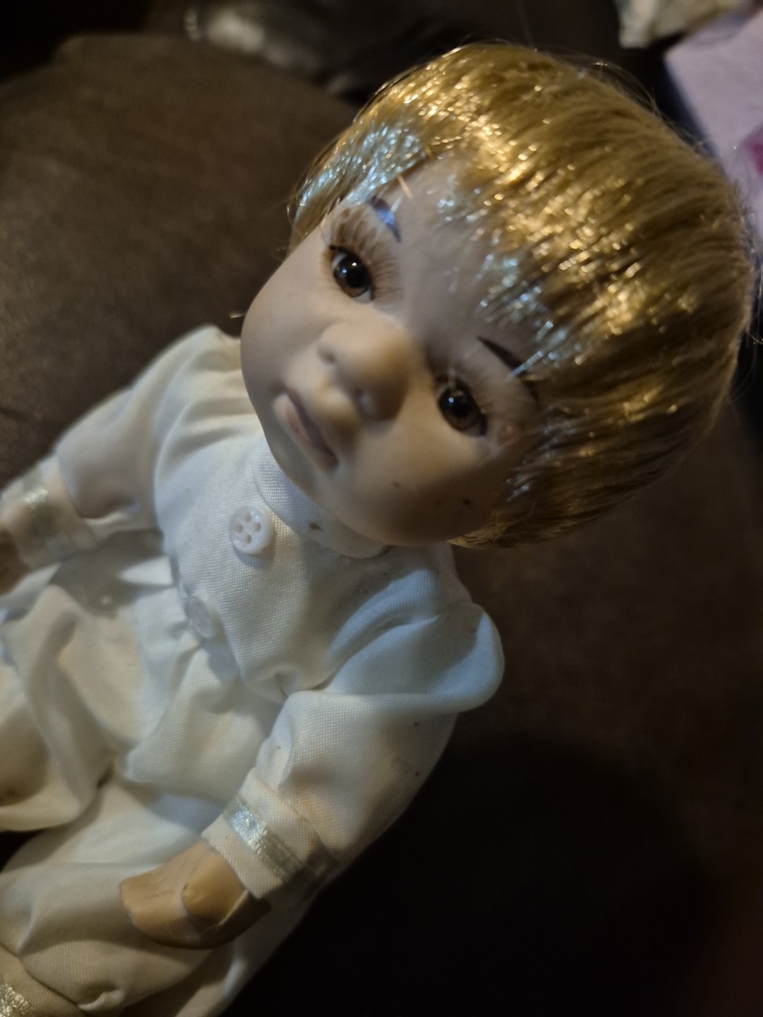 Vtg Victorian Baby Doll Pram Stroller W/Porcelain Doll Canopy 16”Lx8 ”Wx16”Tall