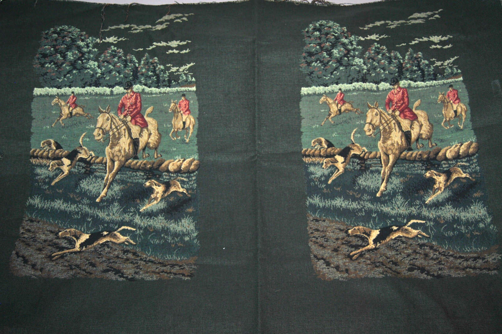 RARE Vintage Tapestry 2 Panels Hunting Scene Uncut Pillow Wall Decor Large 