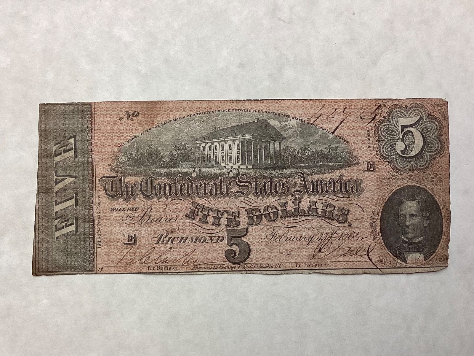 ~1864 Confederate States of America $5 Five Dollars - Civil War Note