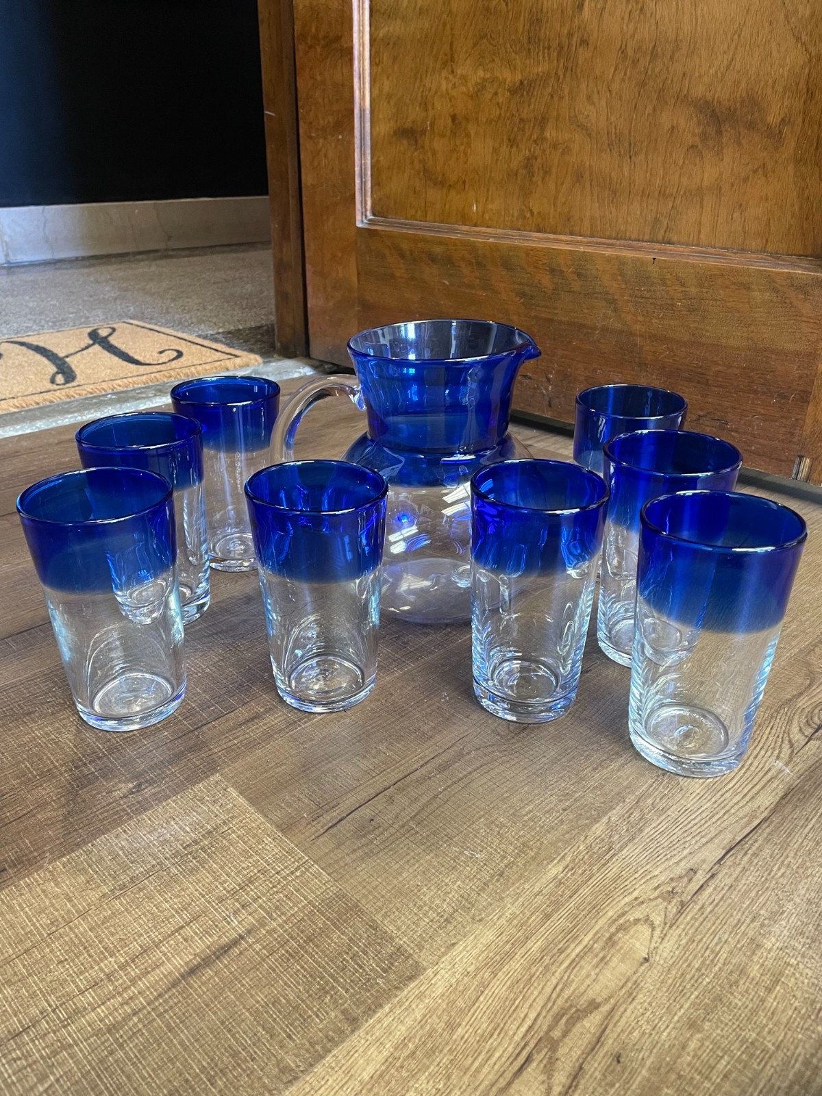 Hand Blown Cobalt Blue Mexican Style Glass Pitcher & Tumbler Set