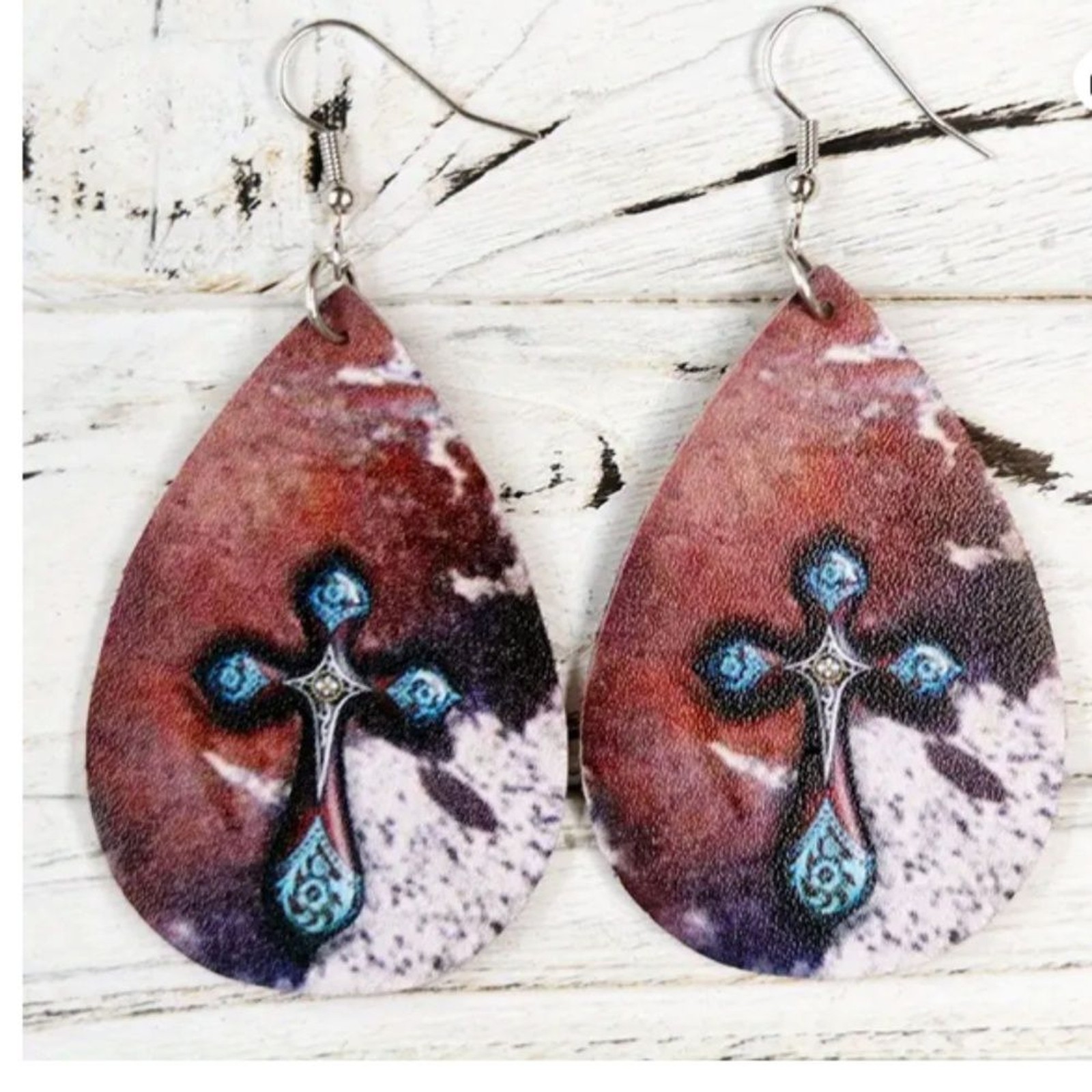 NEW FAUX LEATHER ANIMAL LEOPARD PRINT BOHO CROSS FAITH DANGLE TEARDROP EARRINGS