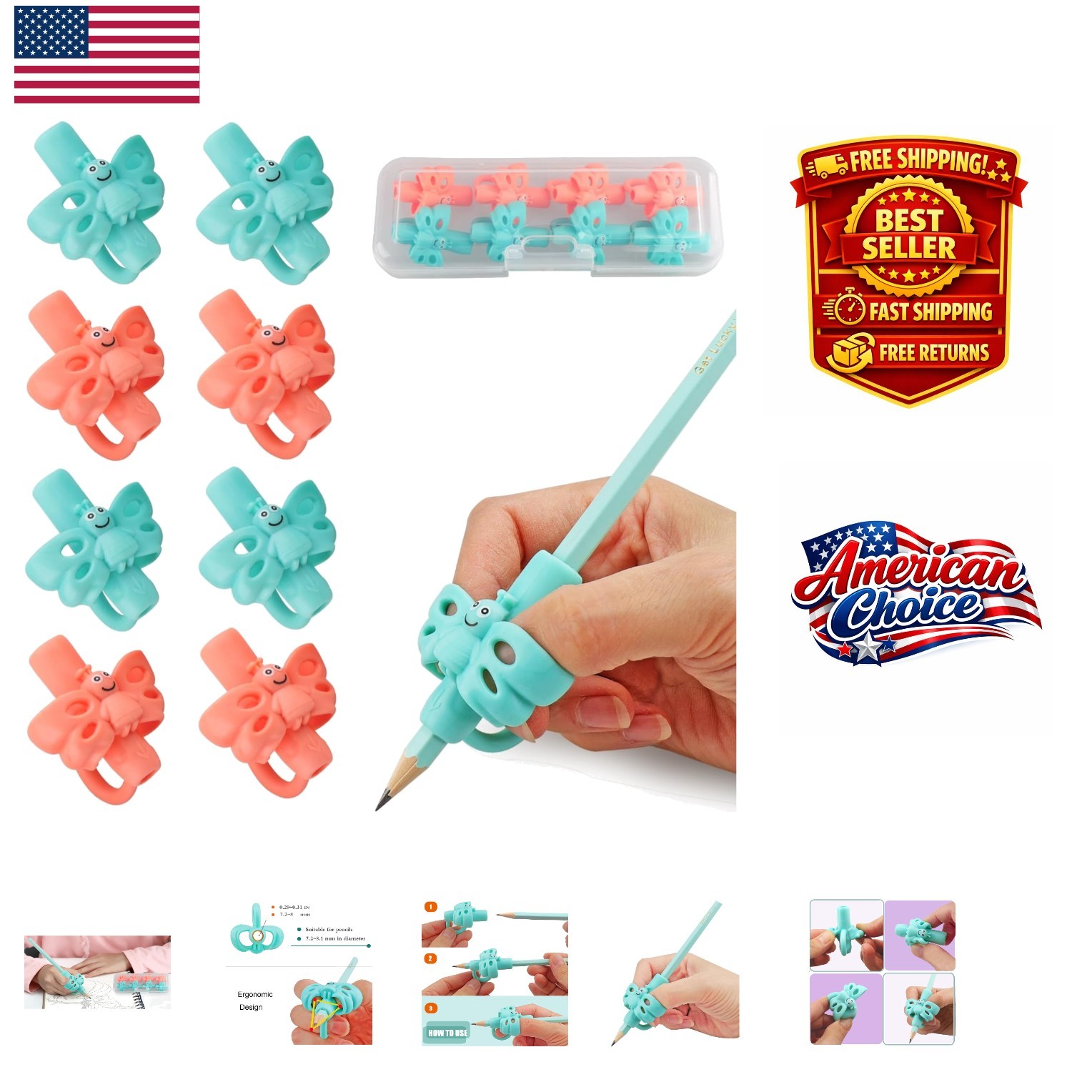 8PCS Butterfly Pencil Grips - Ambidextrous, Lightweight, and Fun for Children