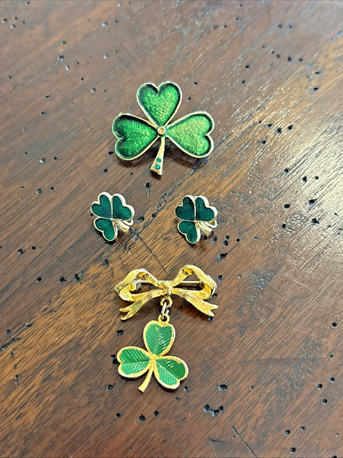 Lot of 3 Shamrock Clover Pins & Earrings St Patrick’s Day Irish Luck BEA SOLDOR