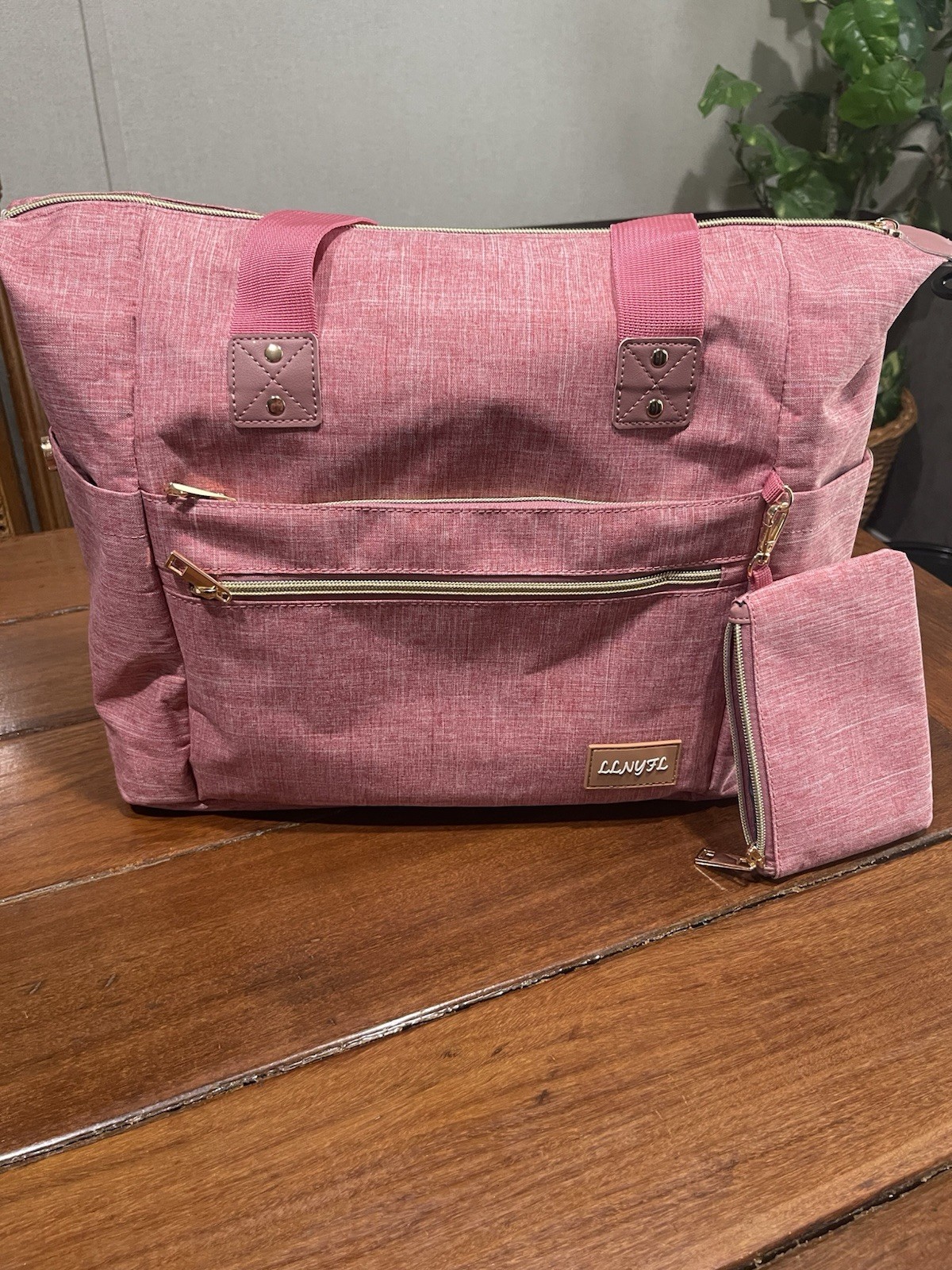 Baby Diaper Bag pink with Zipper & Multiple Compartments, Solid Pattern