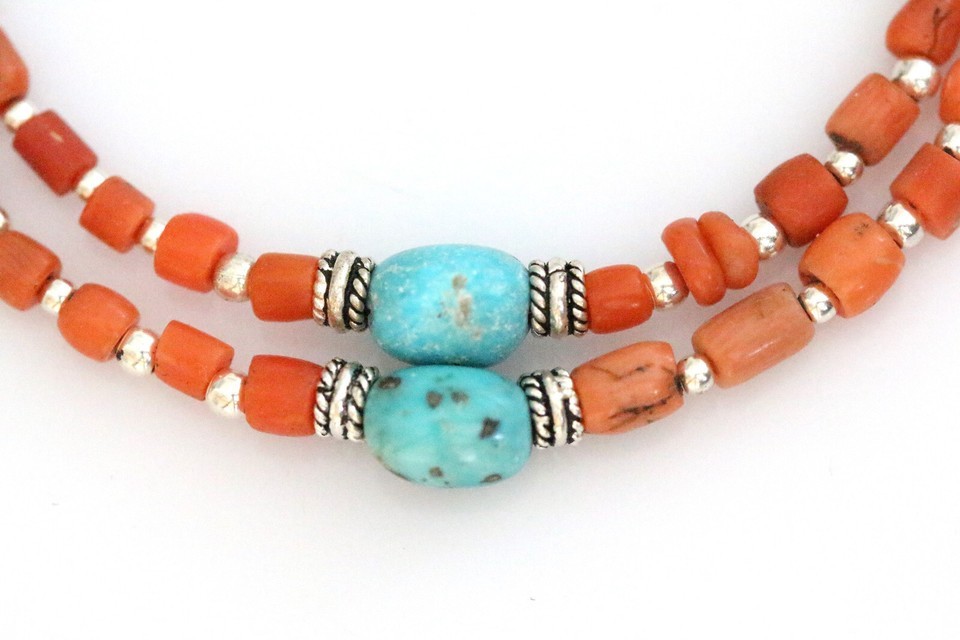 Genuine Antique Red Coral Stone Turquoise Gemston 925 Silver Necklace
