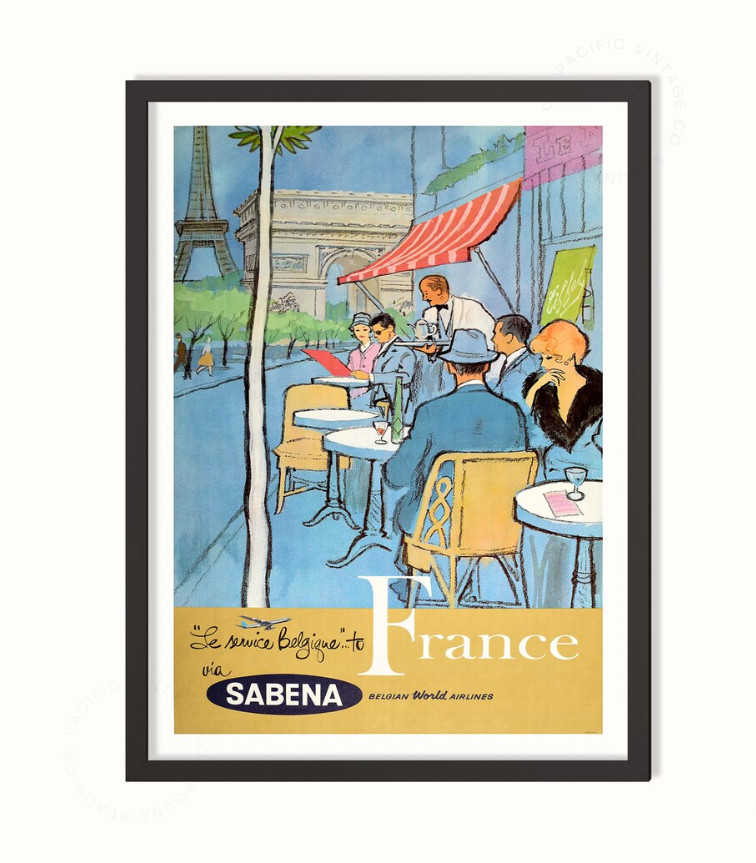 France Sabena Poster – Vintage Paris Café Scene with Eiffel Tower