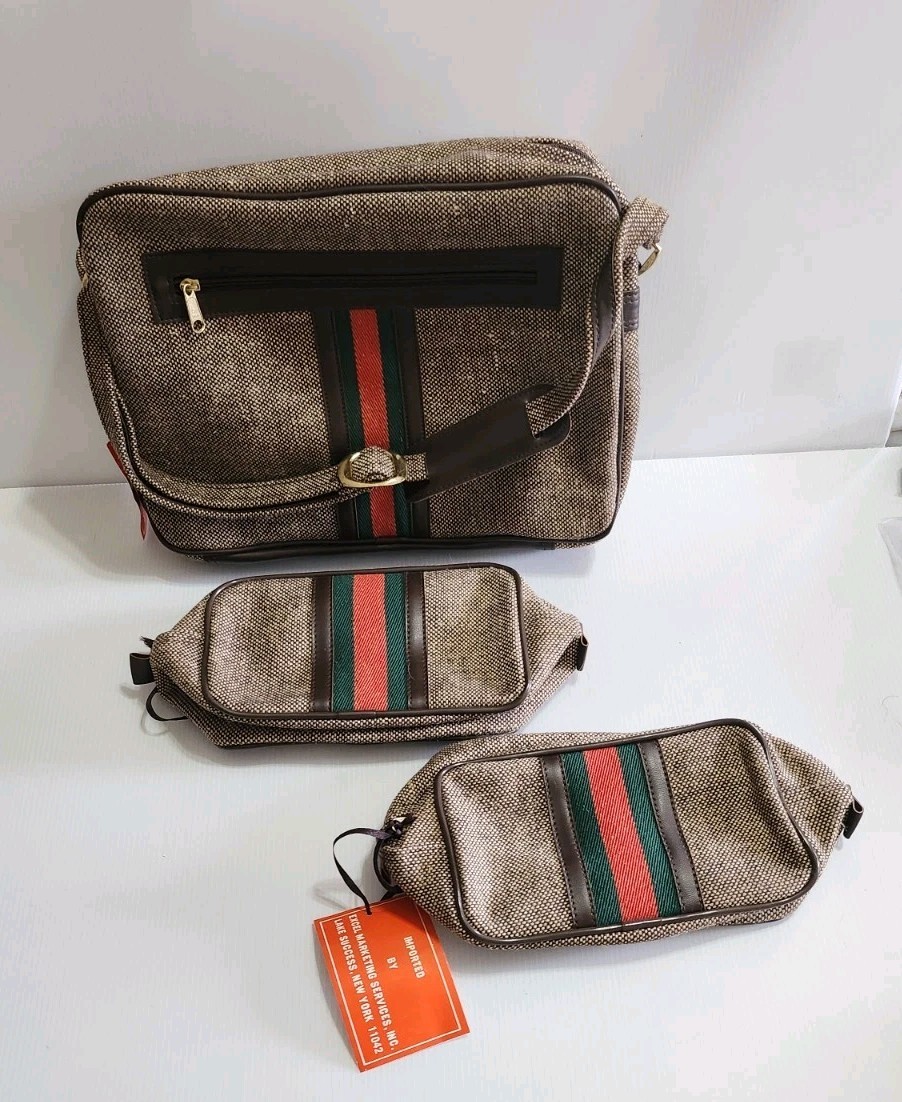 VTG 70S 80S CANVAS STRIPE TRAVEL CARRY ON TOTE BAG THREE PIECE SET