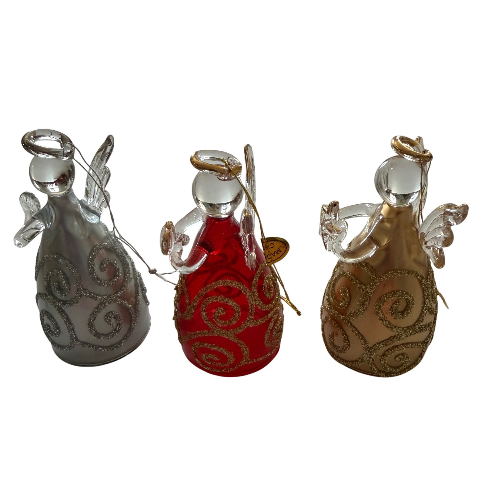 3 Glass Angels Silver Red Gold Glitter Swirl Christmas Ornaments Holiday Decor