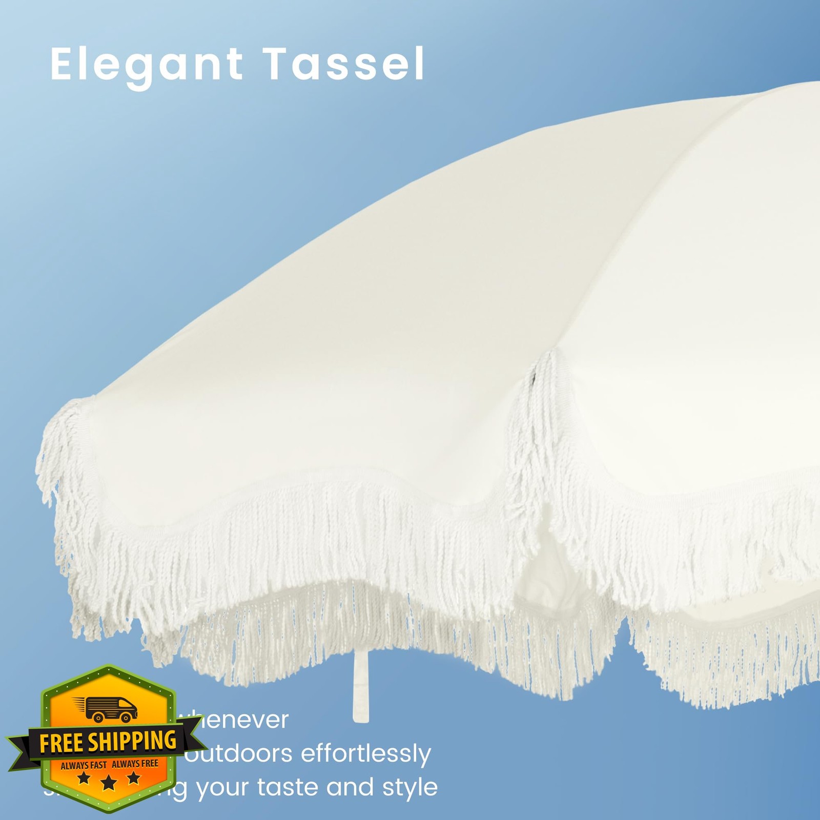 PHI VILLA 7ft Beach Umbrella White Tassel Fringe Sand Anchor UPF 50+