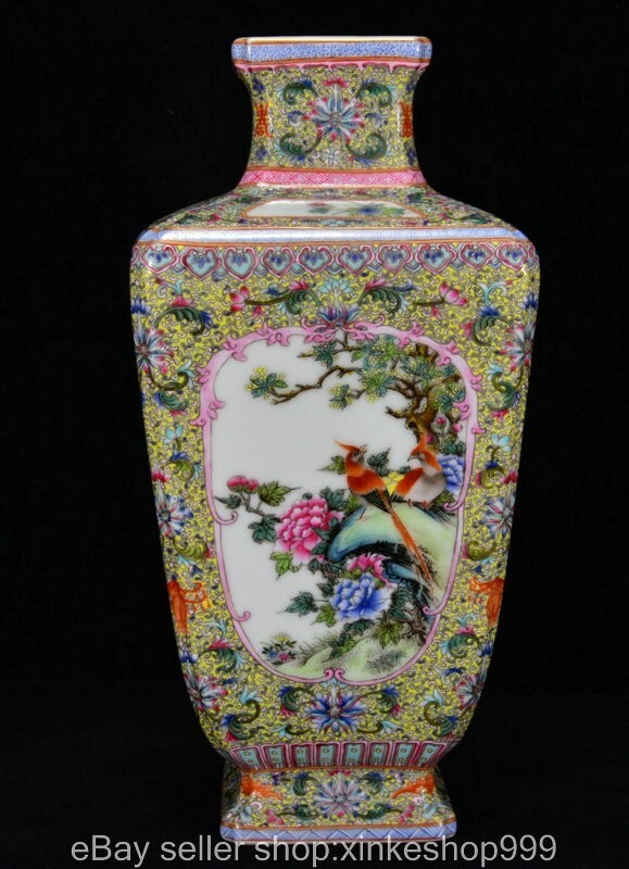 10.4" Chinese Qianlong Marked Fencai Porcelain Flower bird square Bottle Vase
