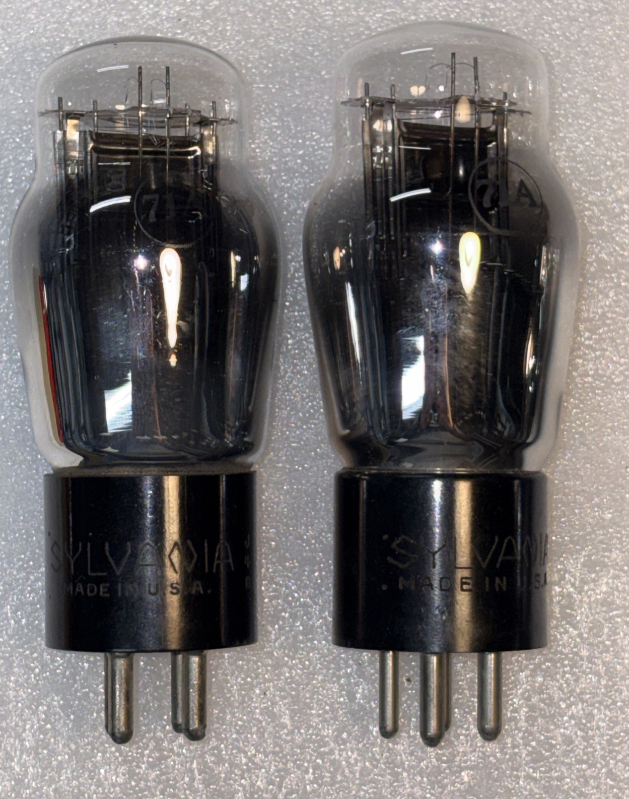 Perfectly Matched Pair Sylvania 71A Engraved Base Vacuum Tubes TV7 Tested NOS