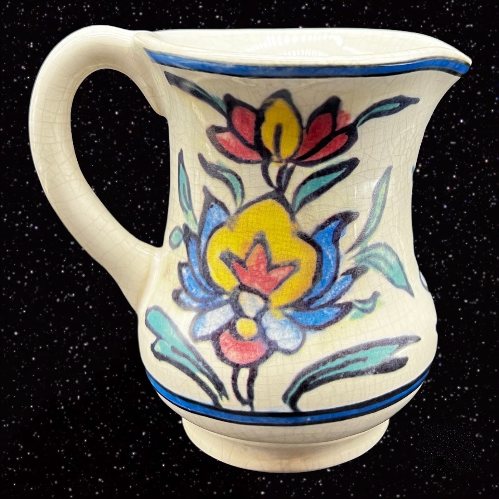 POTTERY BARN Iznik Stoneware Pitcher Creamer Turkish Floral Crackle Glaze 5”T 5”