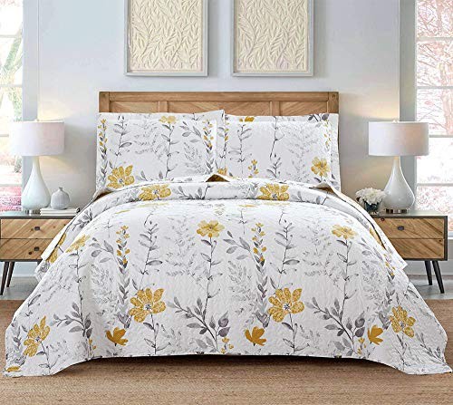 Floral Quilt Set - Queen Size Reversible Queen/Full Yellow Floral Leaves