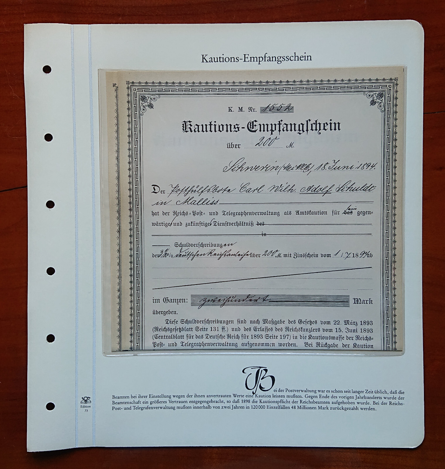 Vordruckblatt Kautions Empfangsschein Reichsbeamte Reichspost Hamburg Reprint