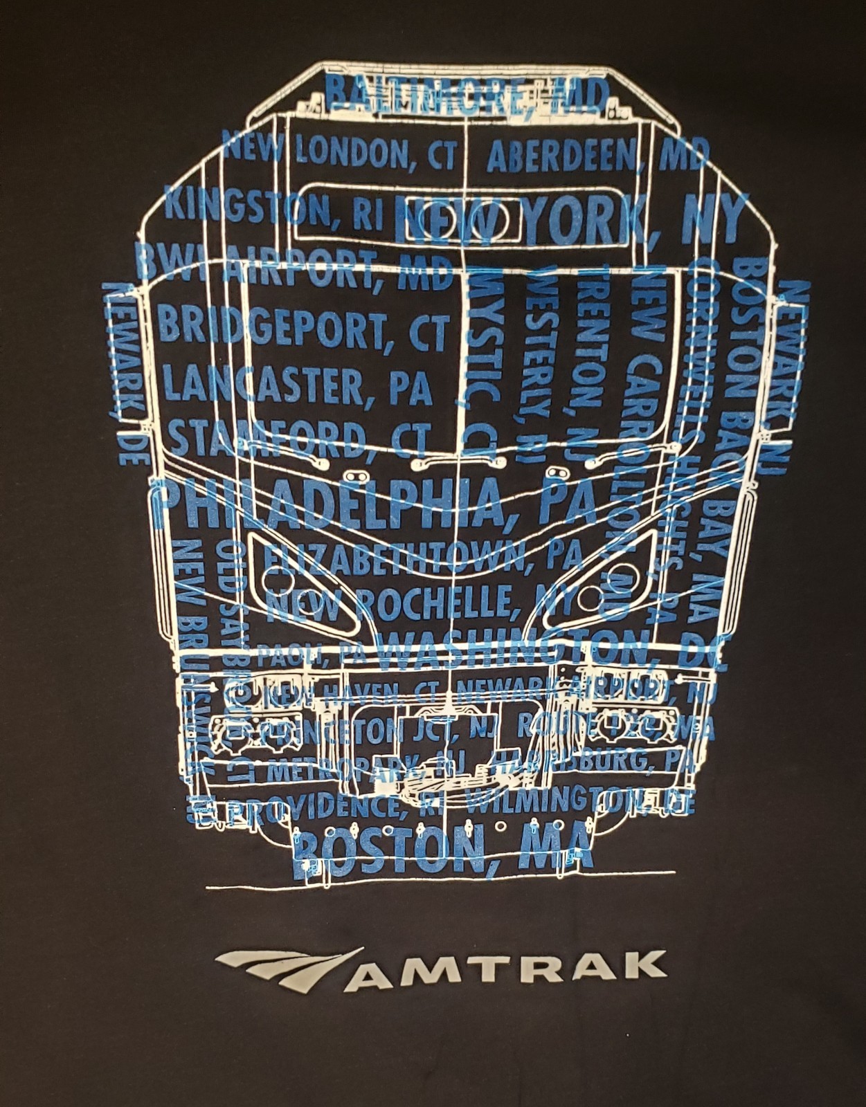 Amtrak ACS-64 locomotive T-shirt with North East Corridor Station Names