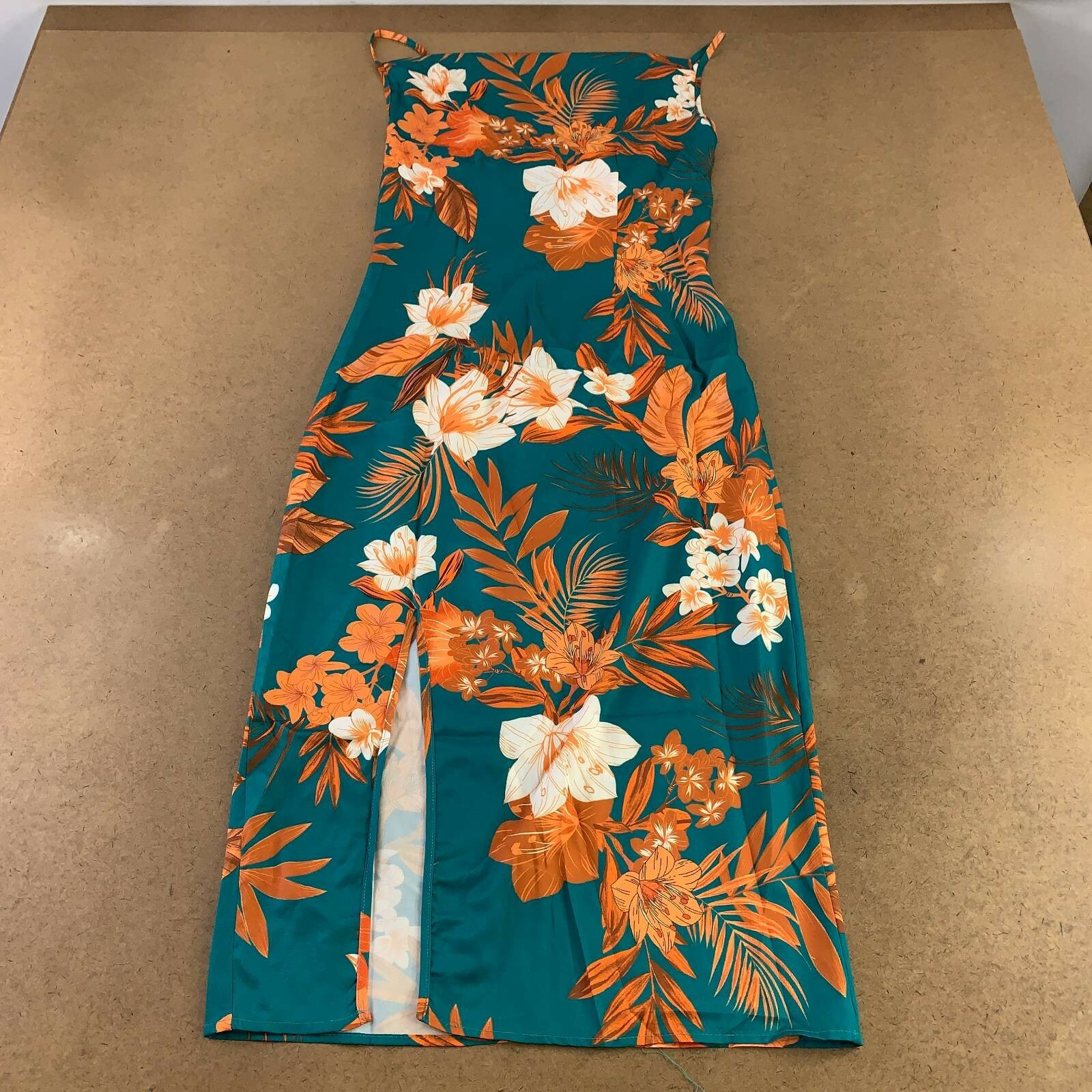 Shein Womens Slip Dress Green Orange Floral Front Slit Sleeveless Zip 4 New