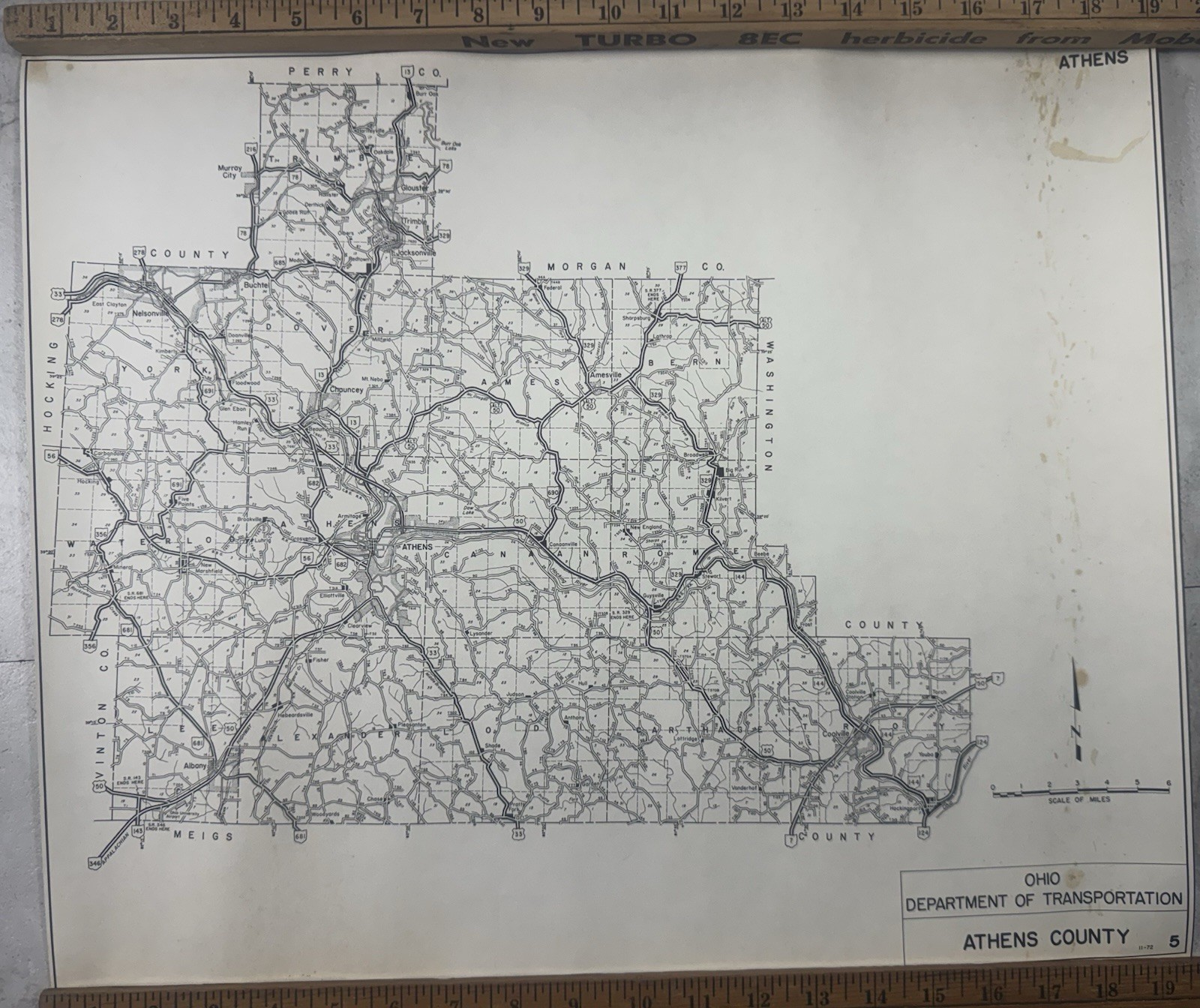1972 Ohio DOT Map Athens County Highway Road Map Vintage 19x16 Transportation