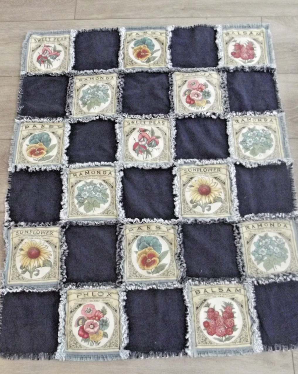 Handmade Lap Blanket Rag Quilt Flower Seed Packets Prints & Navy Blue 31 x 40