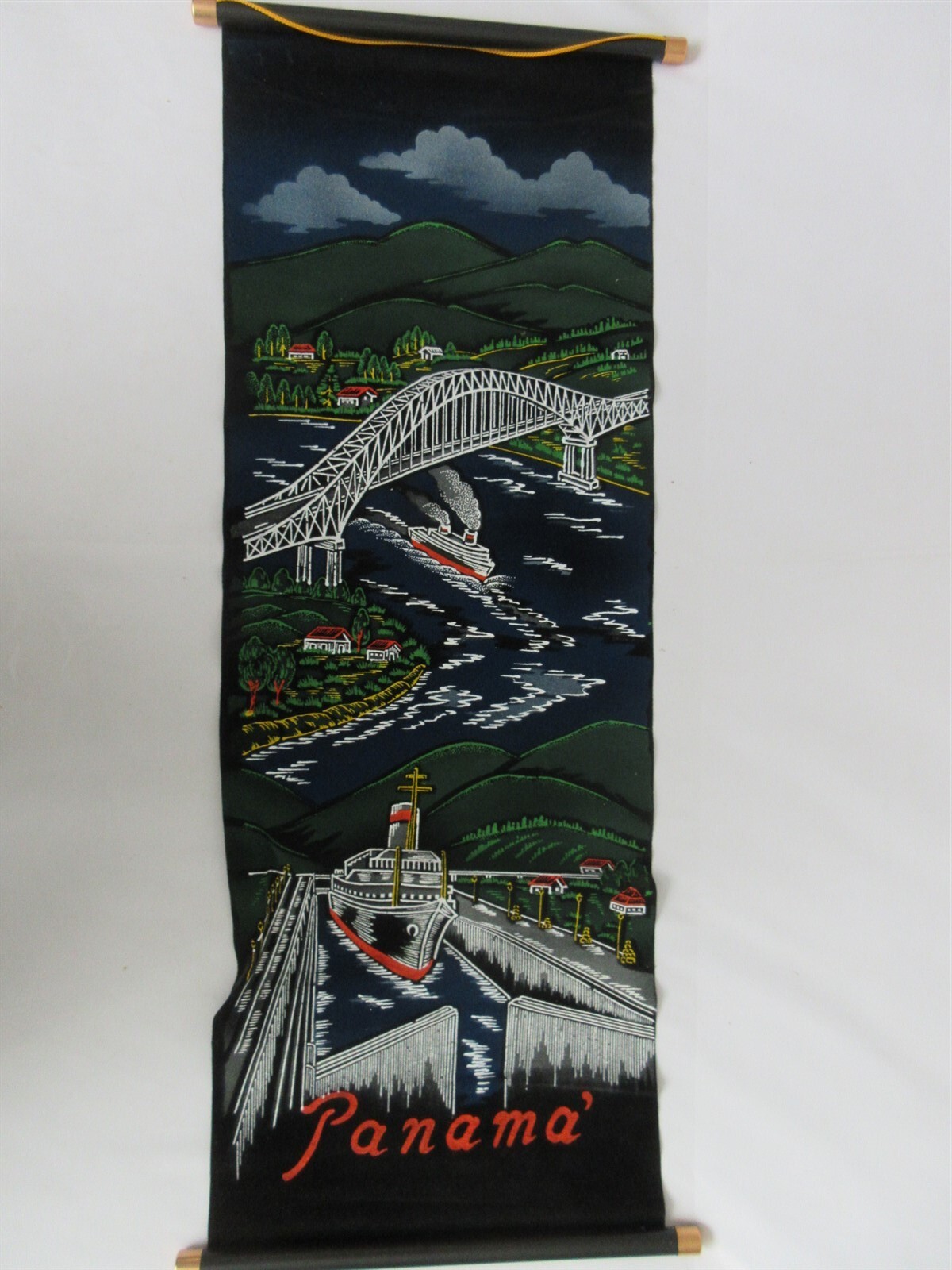 vintage 1960s Velvet Scroll Hanging wall art Panama #2