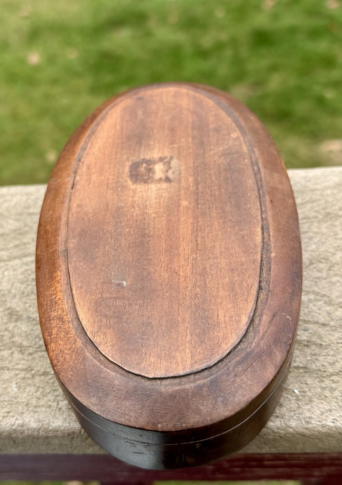Vintage Antique Primitive Hand Carved Wooden Footed Oval Box Fitted Lid Patina