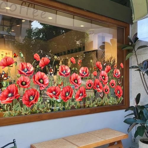 Removable Flower Window Clings Spring Floral & Butterfly Window Stickers Red