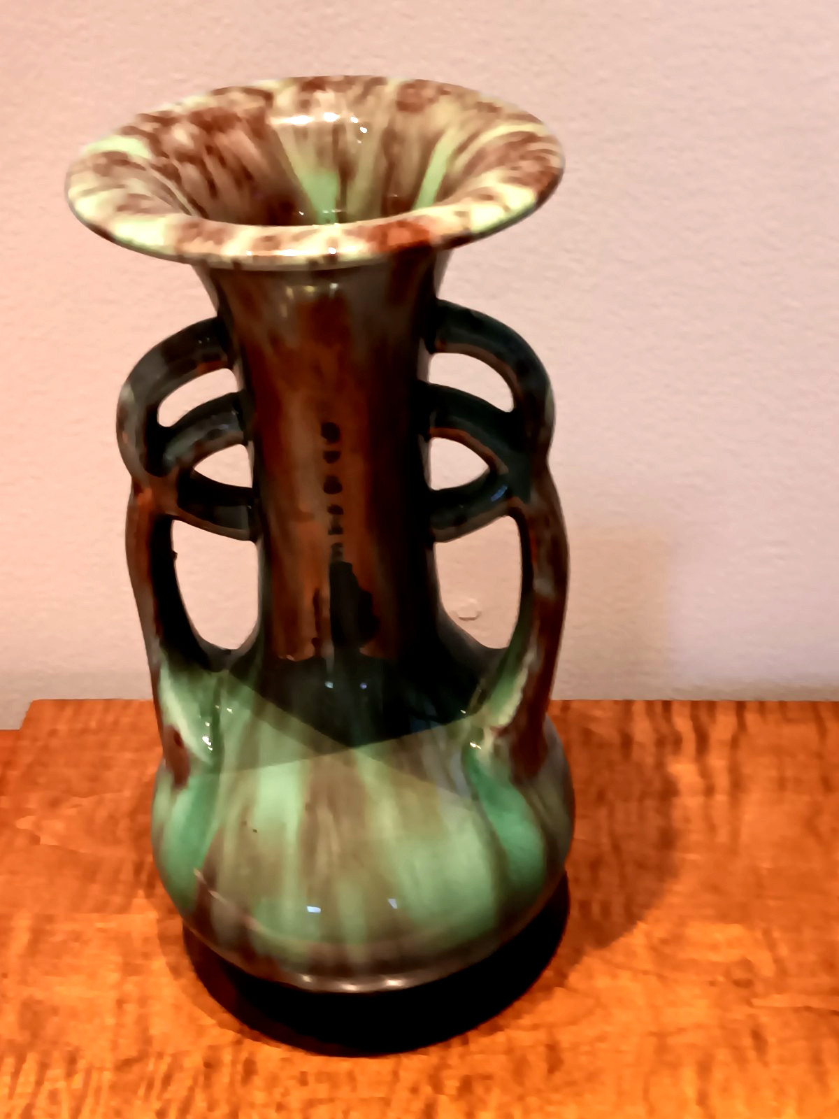 VNT Mid-century Art Deco Green and Brown Glazed Ceramic Vase