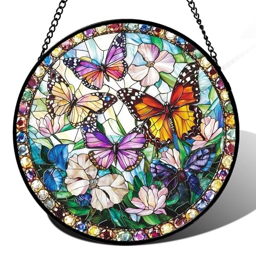 Stained Glass Window Hanging, Colorful Butterfly 14.9x14.9 IN Butterfly Color