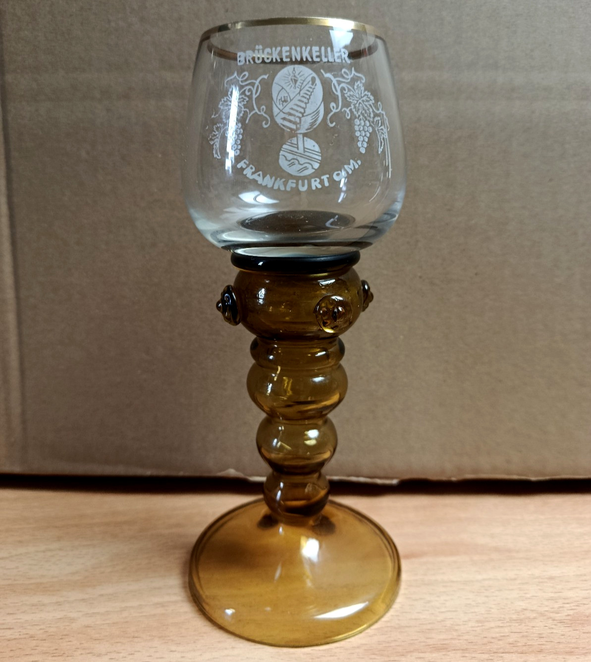 Brückenkeller Frankfurt Wine Glass Goblet Brown Handmade Gold Trim German