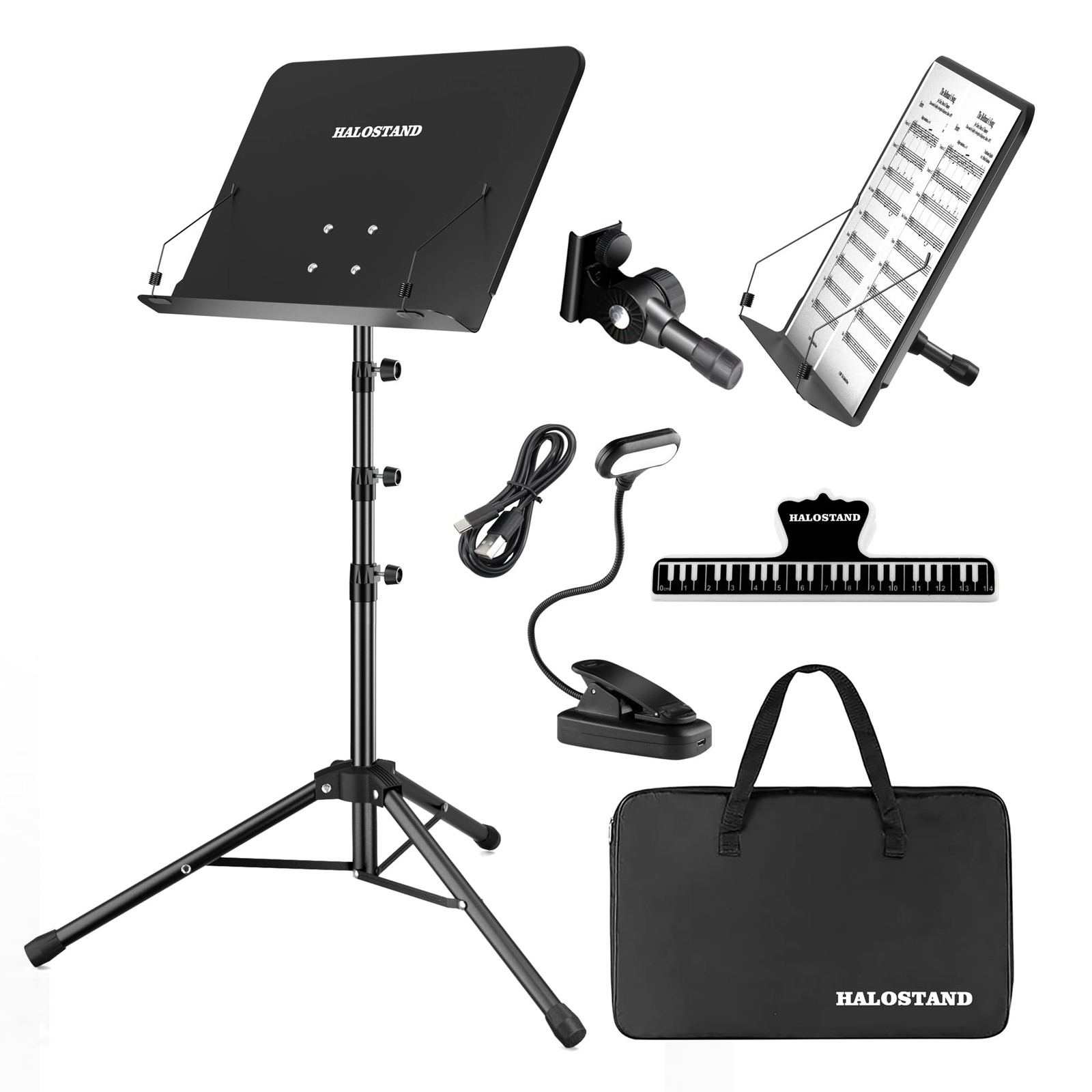 5 in 1 Dual-use Sheet Music Stand + Book Light + Clip, Black 