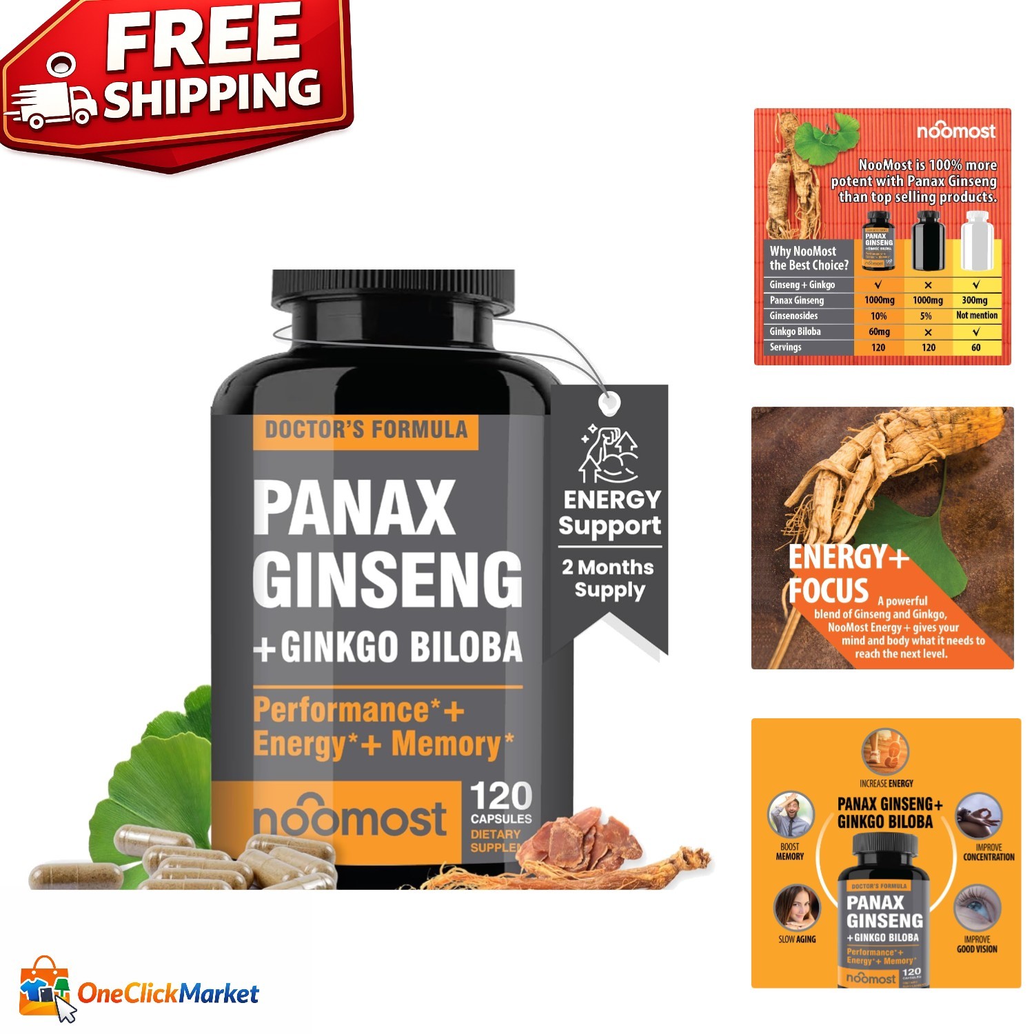 Natural Mood Support & Energy: 120  Capsules of Korean Ginseng + Ginkgo