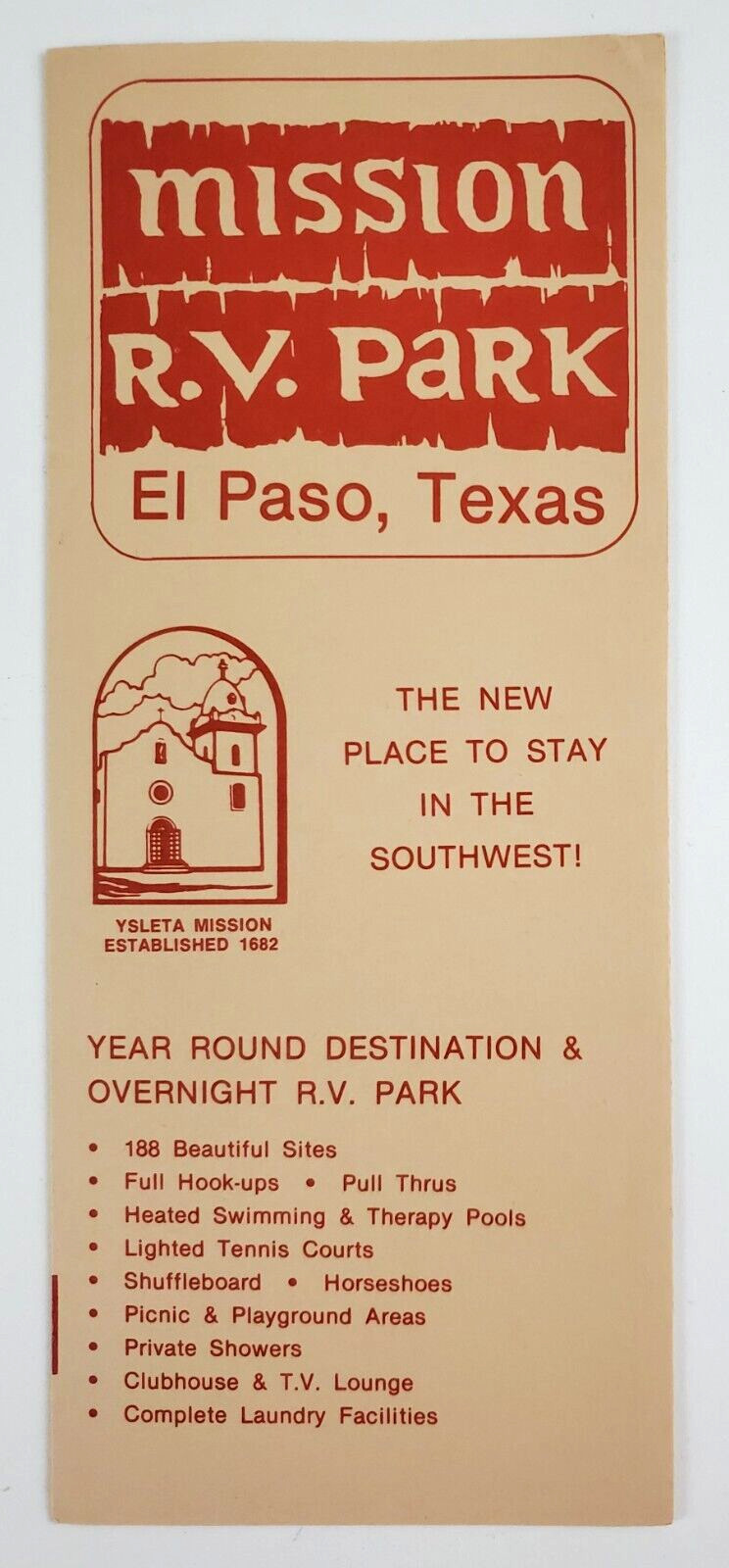 1980s Mission RV Park El Paso Texas TX Overnight Camping Vintage Travel Brochure