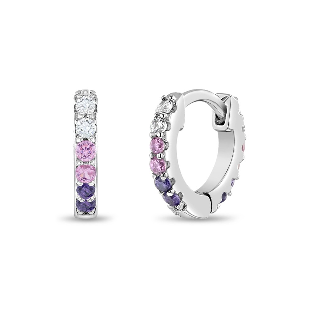 925 Sterling Silver Tiny 7mm Clear & Purple CZ Huggie Hoop Earrings for Girls
