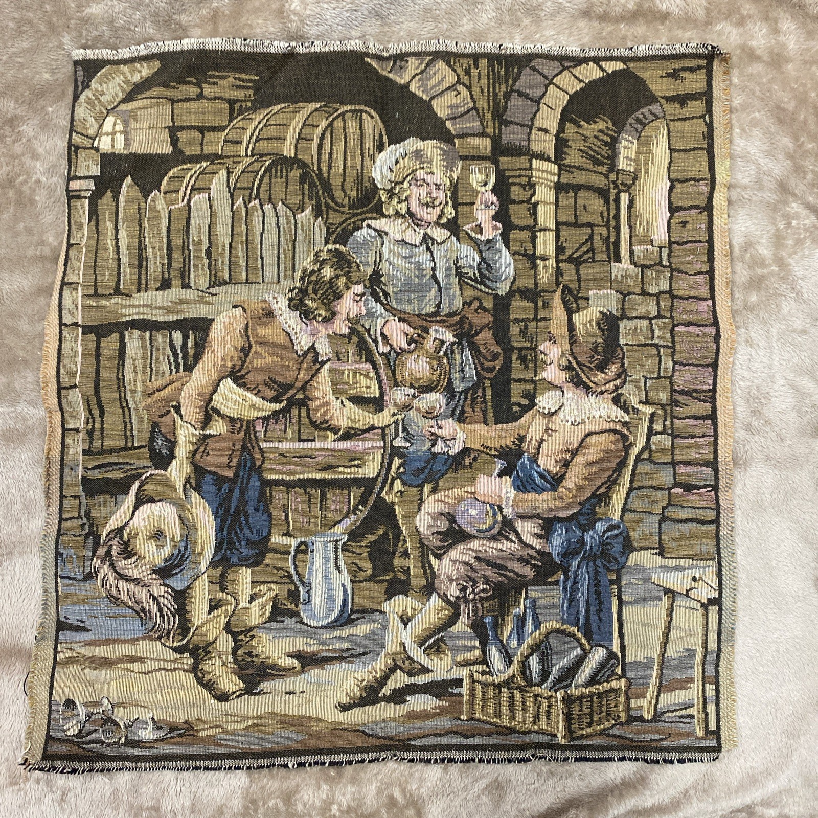 Vintage French Aubusson-Style Jacquard Tapestry Depicting Tavern Scene