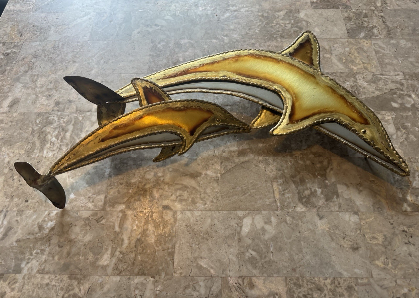 Vintage MCM Brutalist Metal Dolphins Wall Art Mid Century Modern Metal Patina