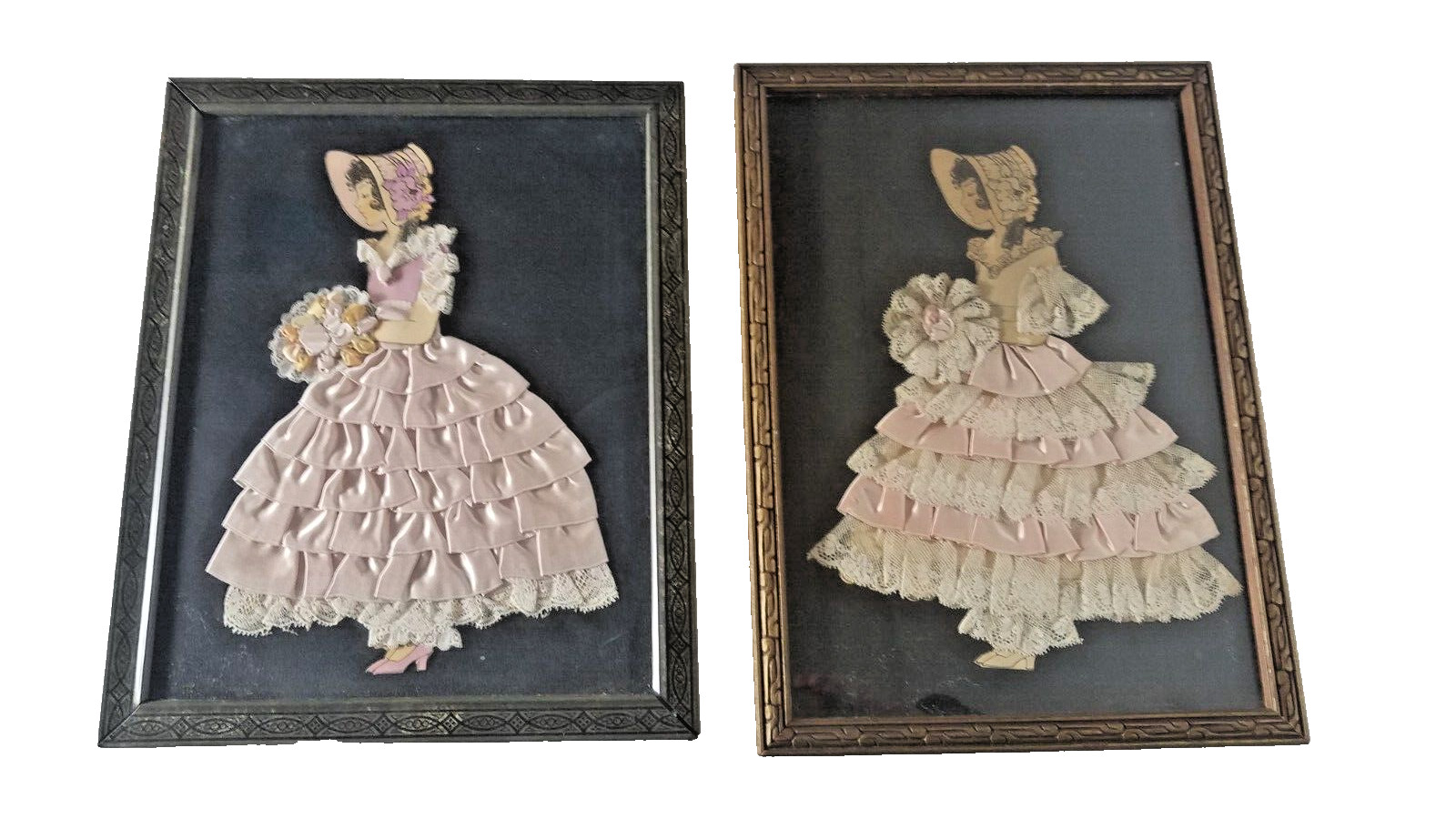 Pair Victorian Style Paper Dolls Framed Hand Decorated Satin Lace OOAK 2068JR