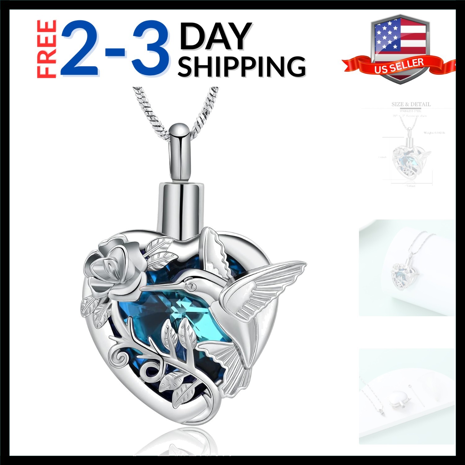 Hummingbird Cremation Jewelry Crystal Heart Urn Ashes Necklace for Women Men ...