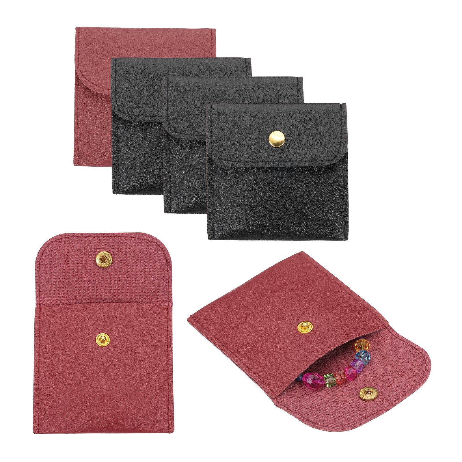 PU Leather Jewelry Bag, 6Pcs Jewelry Pouch with Snap Button (Wine Red, Black)