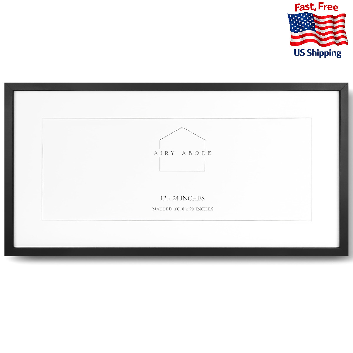 Airy Abode Premium Black Wood Picture Frame 12x24 Matted to 8x20 - Pick Your Siz