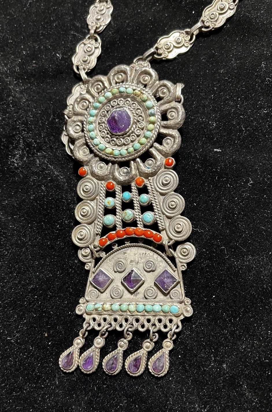 RAFAEL DOMINGUEZ STERLING 925 MEXICO AMETHYST TURQUOUSE NECKLACE / BROOCH 88gr