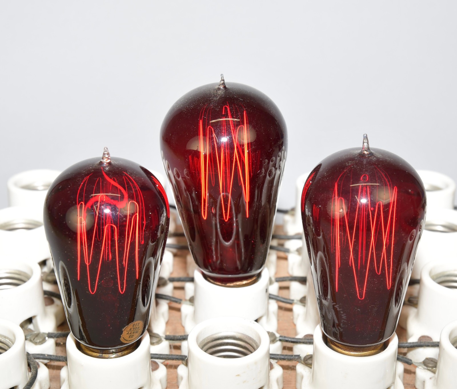 LOT OF 3 ANTIQUE RED GLASS CARBON TIP MEDIUM BASE E26 WORKING LIGHT BULBS!