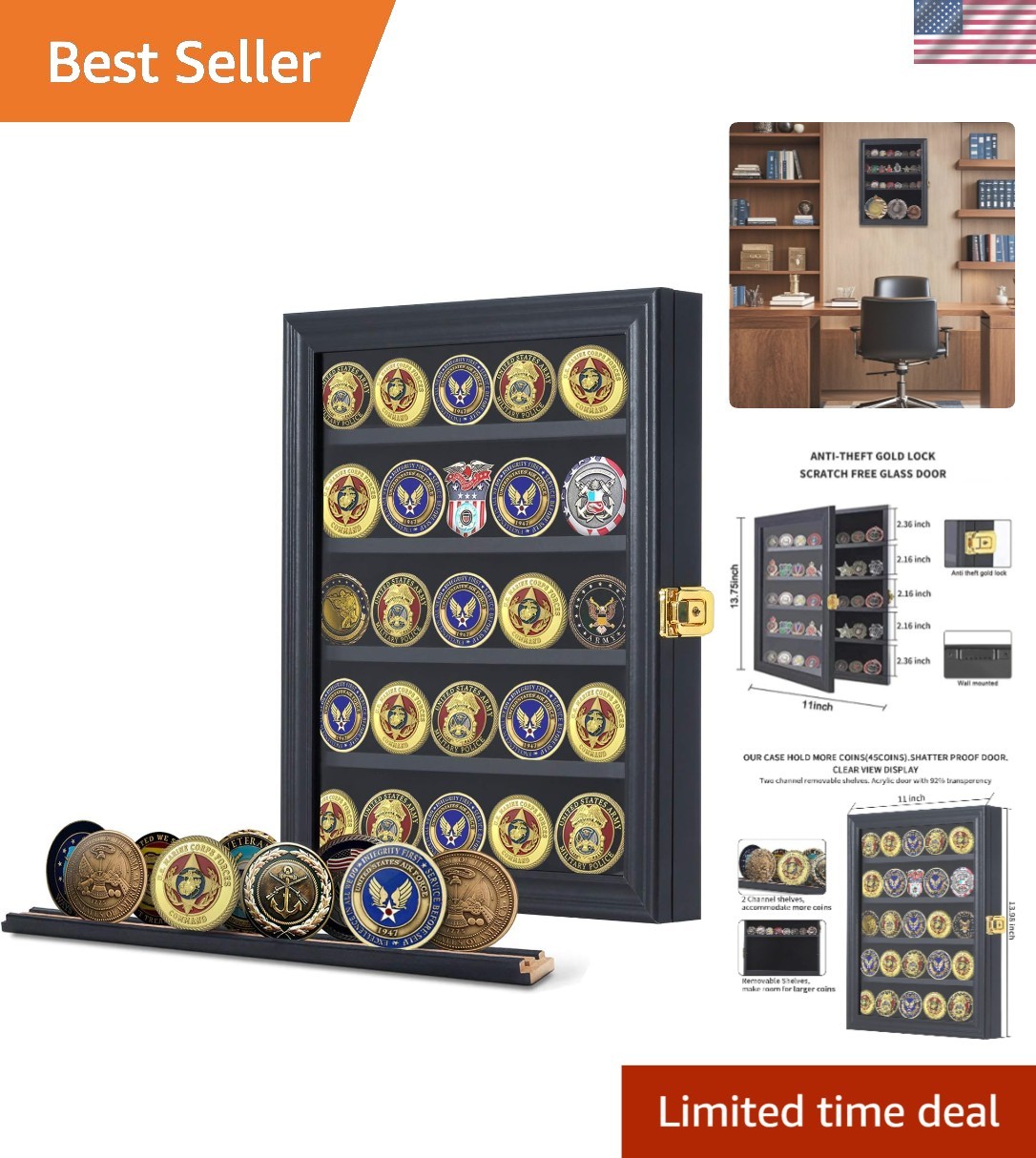 Black Wood Display Case for Military Coins and Collectibles Protection