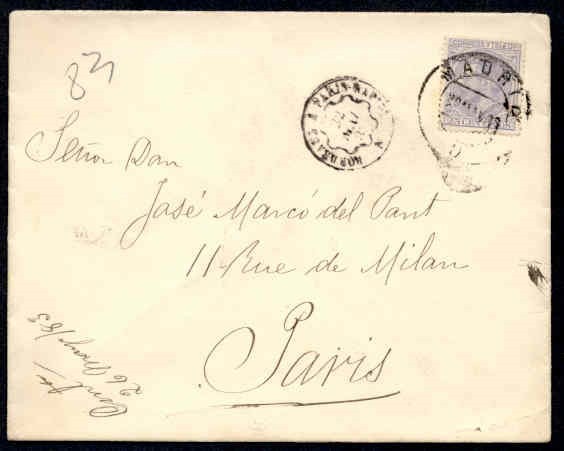 SPAIN 1883 TO PARIS WITH RPO TRANSIT CDS